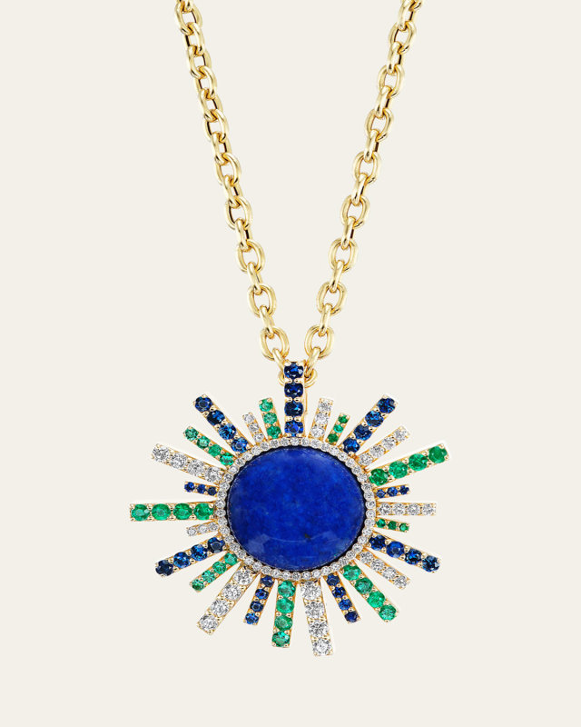 18K Yellow Gold Sun Ray Pendant Necklace with Diamonds, Sapphires and Lapis
